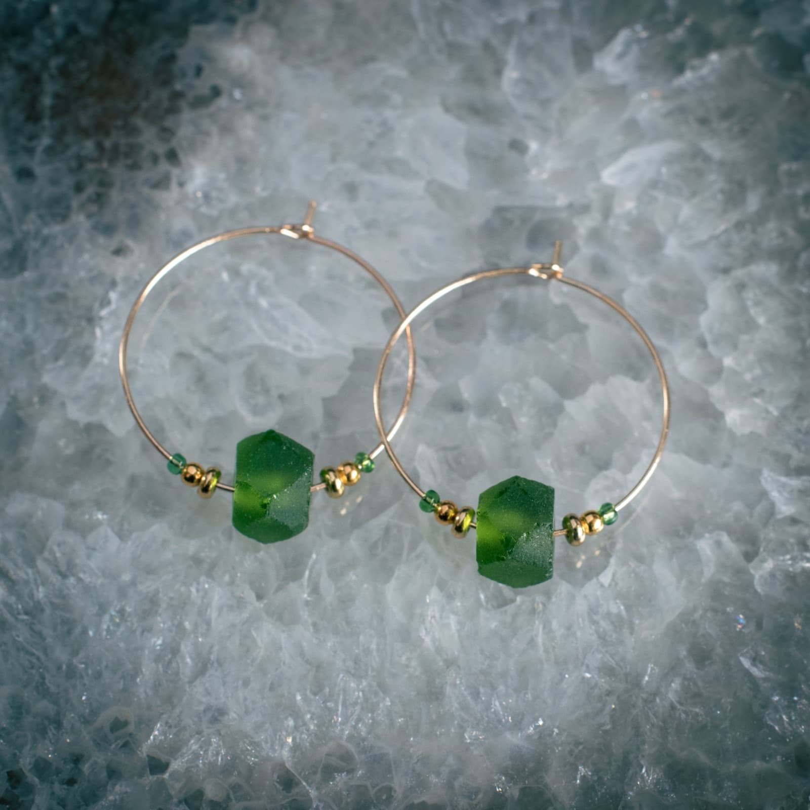 Krobo Bead Glass Hoops in Green