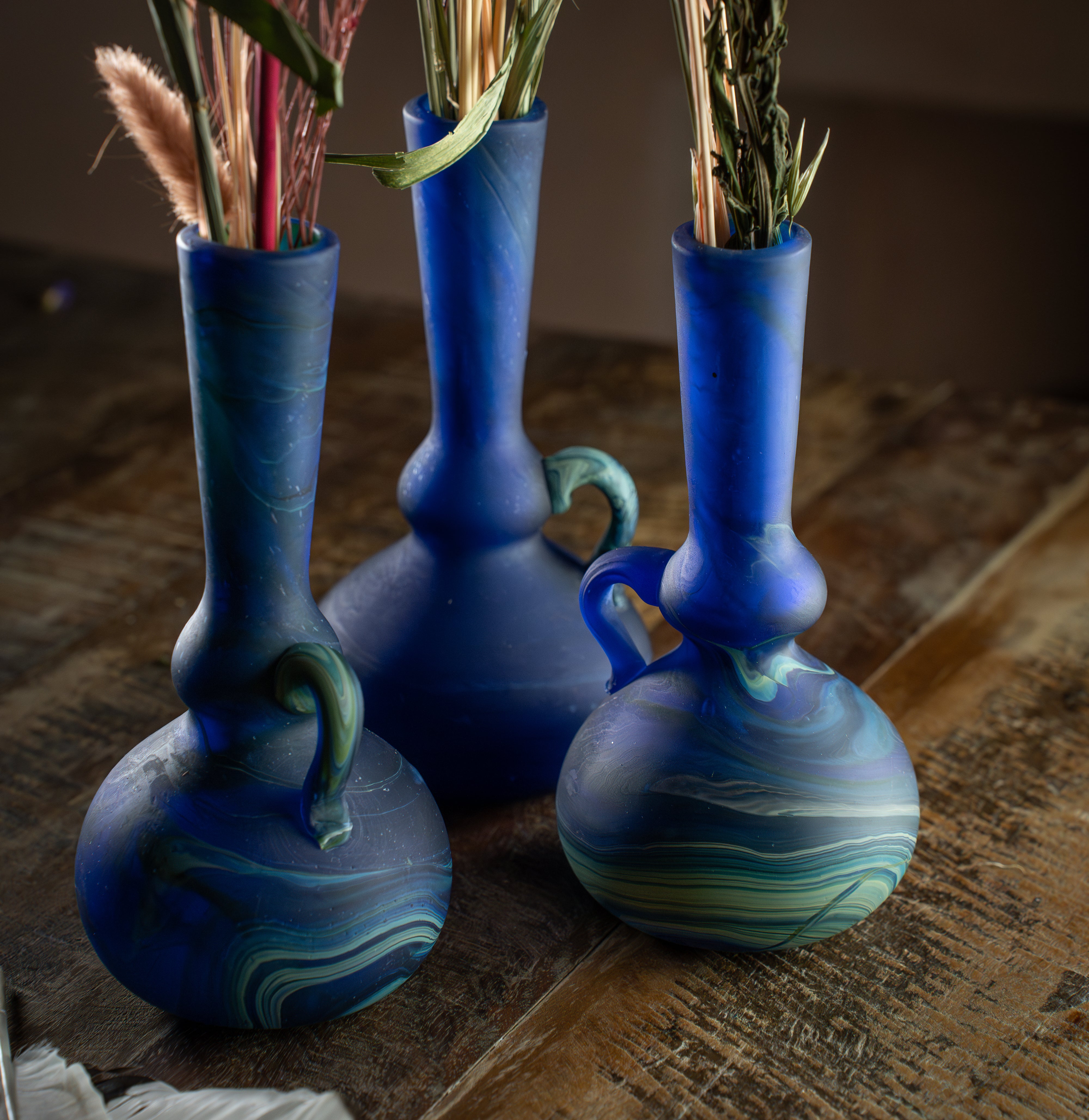 Handblown Hebron Phoenician Glass Mini Vase with handle - Cobalt Blue