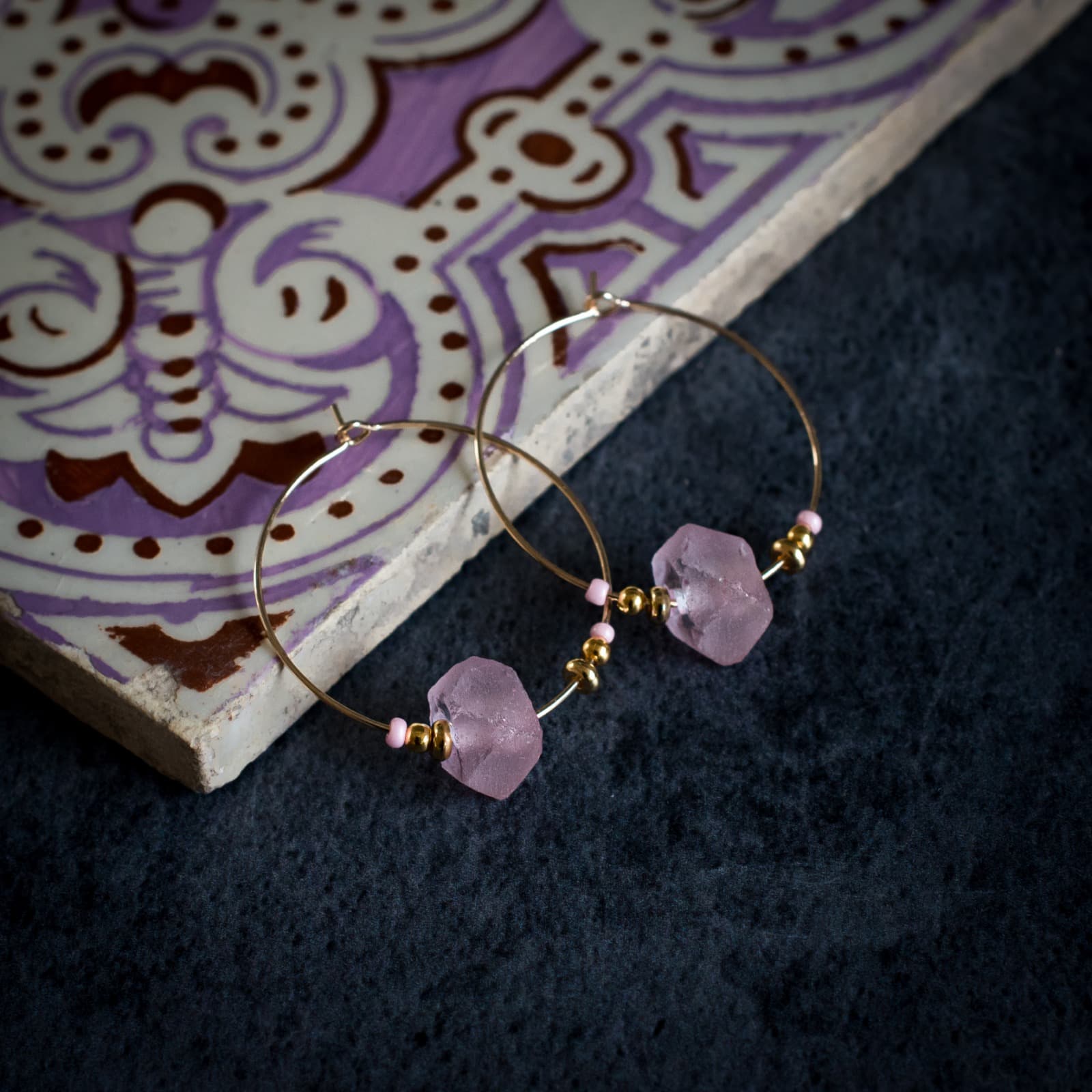 Krobo Bead Glass Hoops in Green