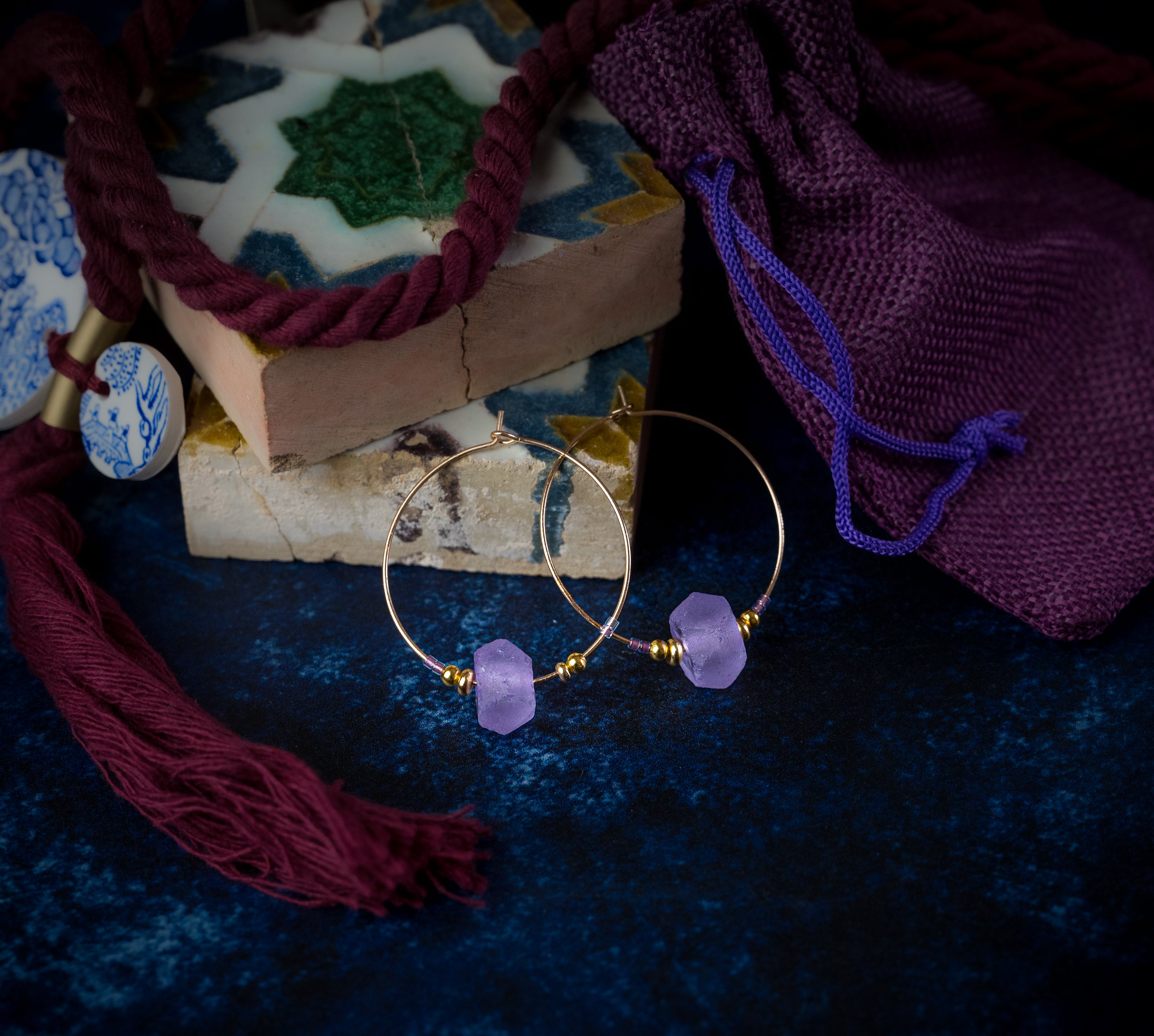 Krobo Bead Glass Hoops in Blue